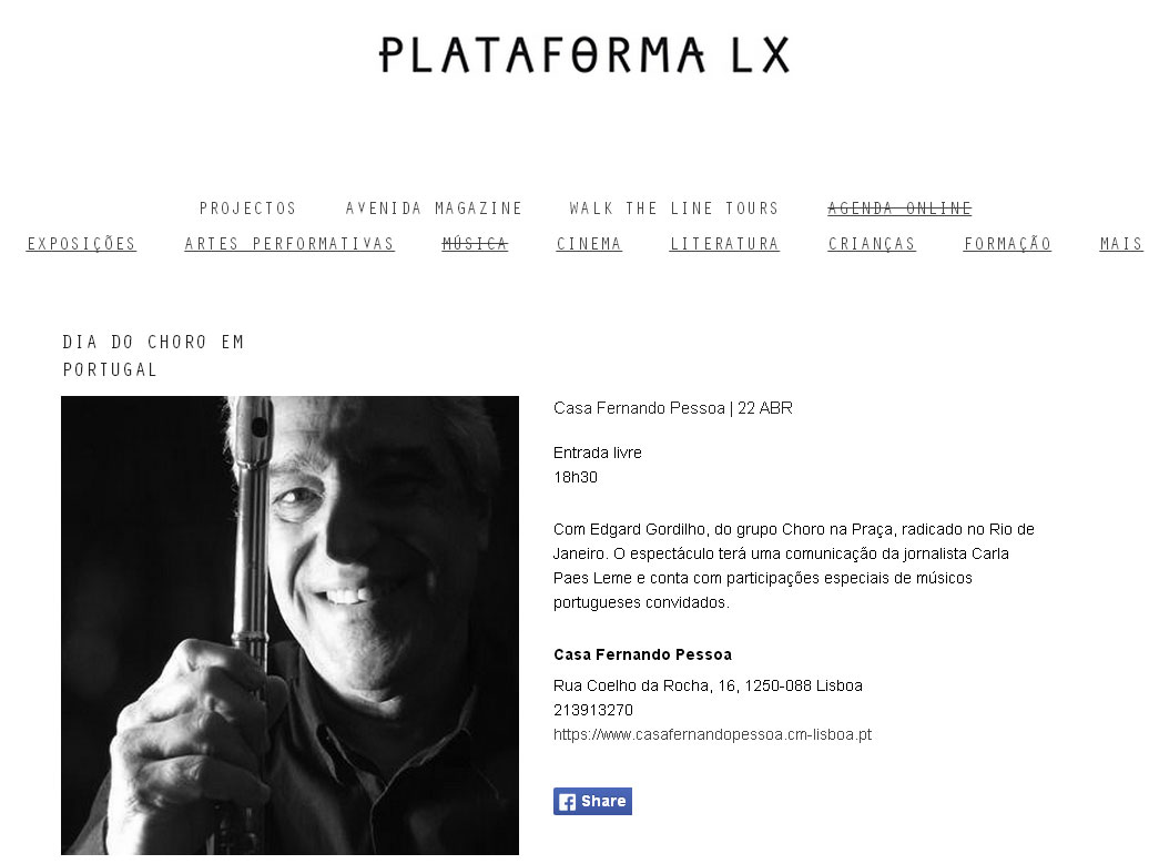 Casa Fernando Pessoa I Dia do Choro em Portugal 2014 - Palestra e show do flautista Edgard Gordilho do choro na praça